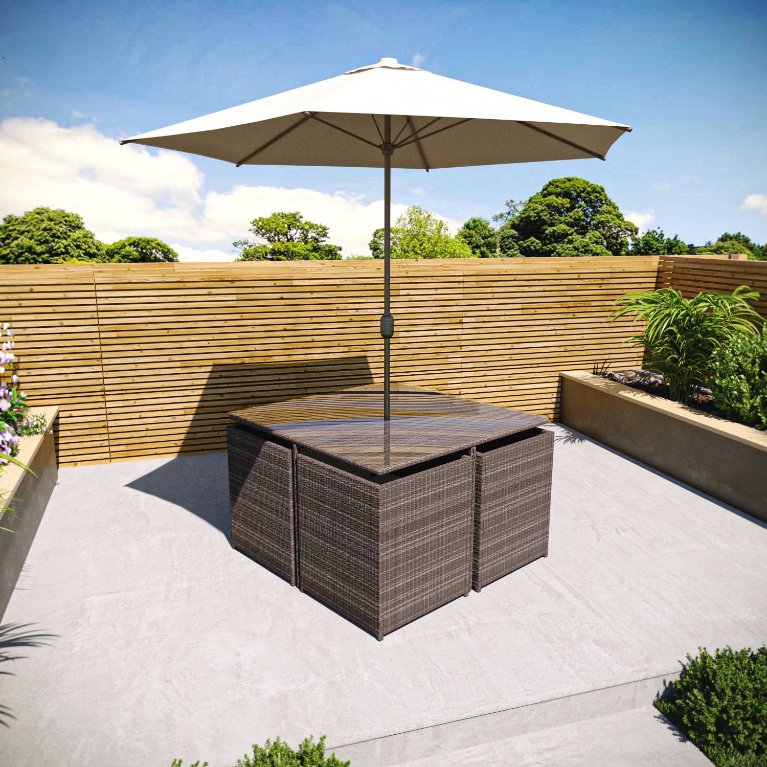 Read more about 4 seater brown rattan cube garden dining set parasol included fortrose